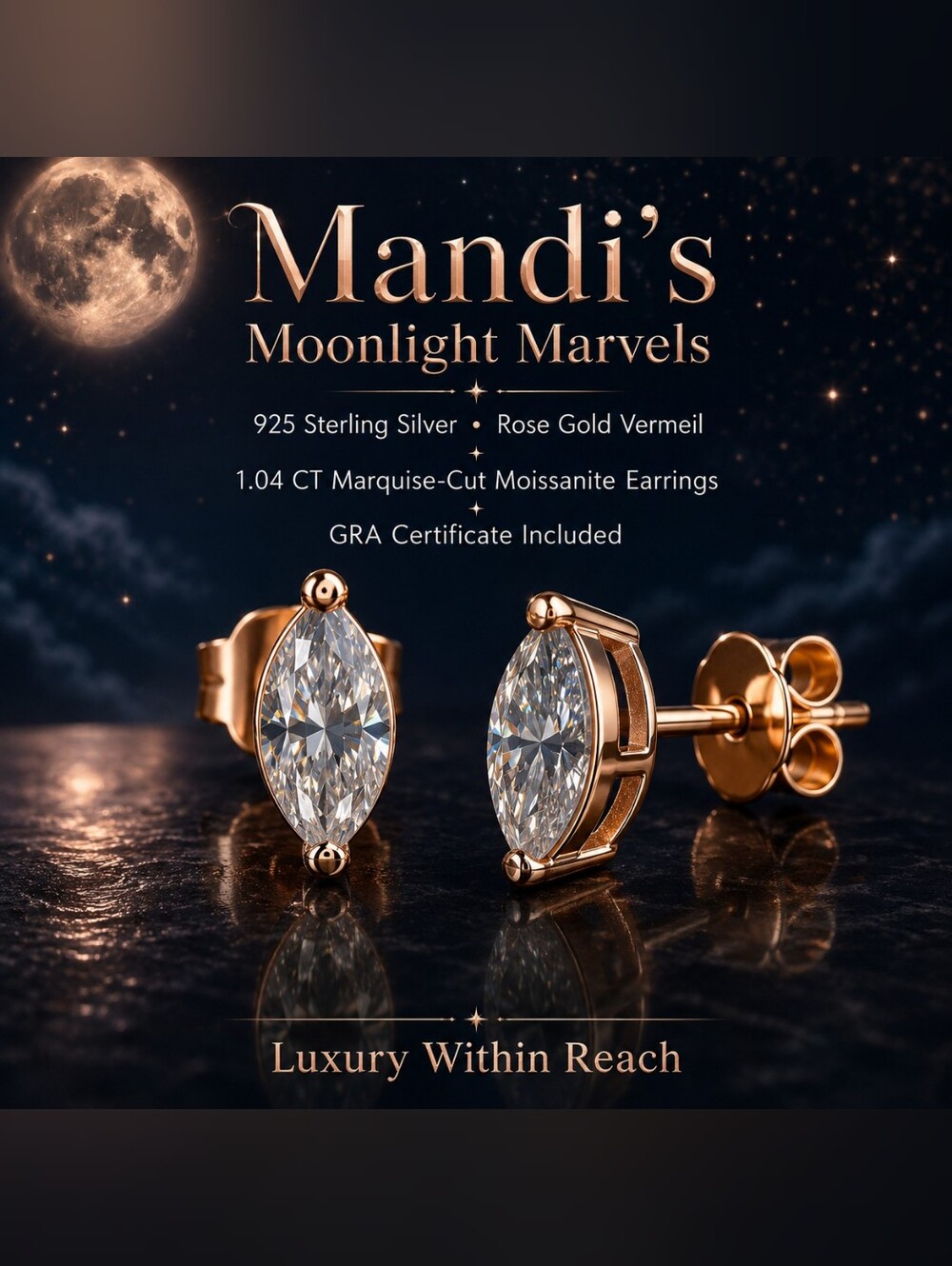 Moonlight Marvels 925 Sterling - Rose Gold Marquise Moissanite Stud Earrings